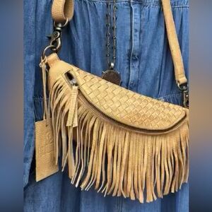 Cut & paste Leather Woven Fringe Belt Bag Crossbody Bag brown boho western
